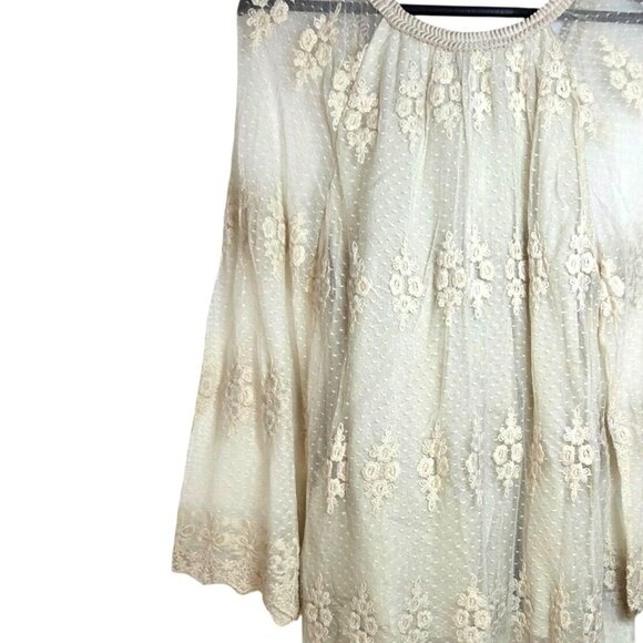 Contrast Cream Floral Embroidery Lace Long Sleeve Boho Cowgirl Mini Dress Medium - Picture 4 of 6